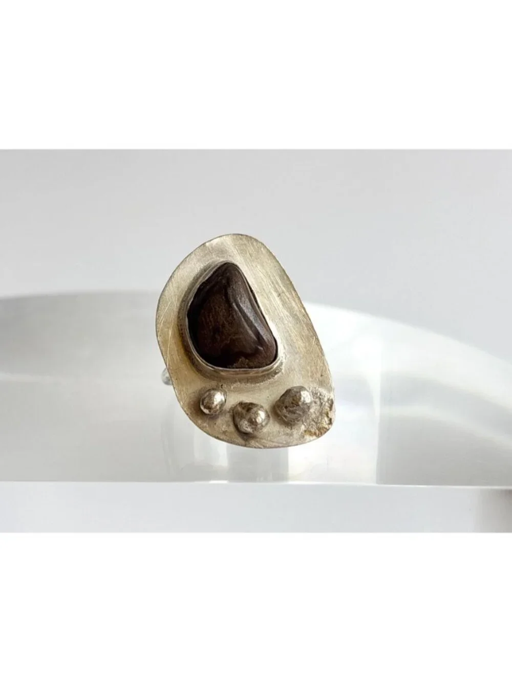 Modernist Freeform Brown Stone Beaded Sterling Silver 925 Vintage Ring - sz 5.25